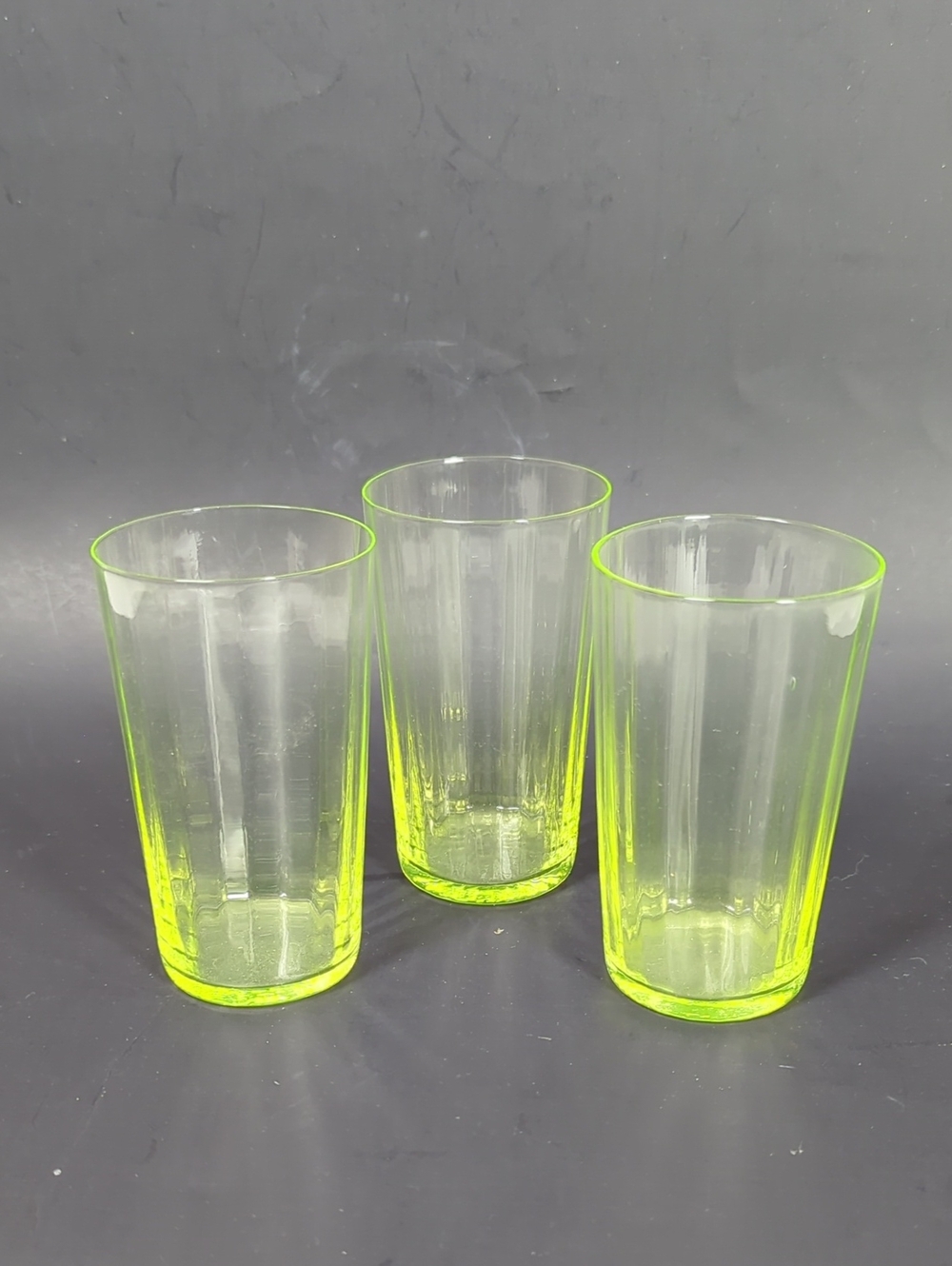 Vintage 1930s Ribbed Uranium Glass Tumbler Set of 2 - Citrine Yellow Green
